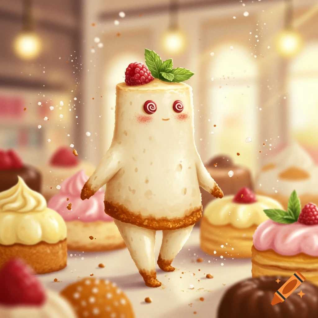 A cute, anthropomorphic cheesecake character with raspberry and mint on its head stands among other desserts in a whimsical bakery setting.