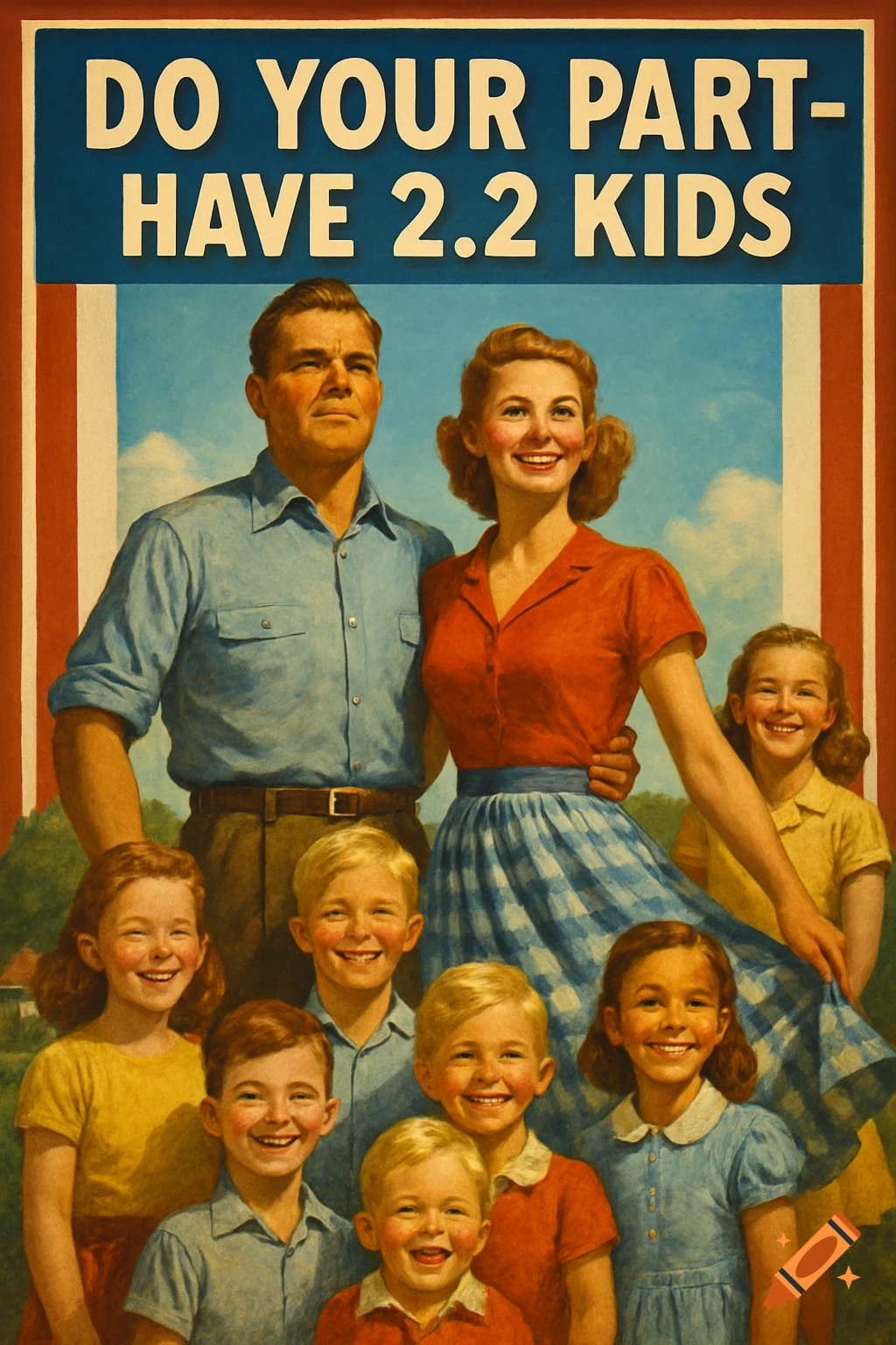 Vintage propaganda poster featuring a smiling family with seven children under the text 'DO YOUR PART: HAVE 2.2 KIDS'.