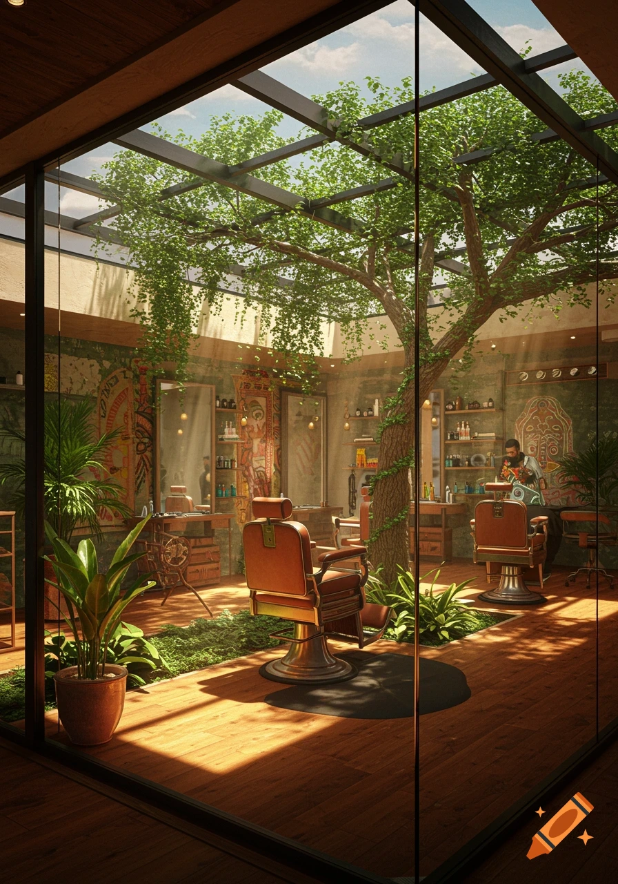 A modern Indian barbershop with a large tree growing in the center under a glass roof, surrounded by vintage barber chairs and lush plants.