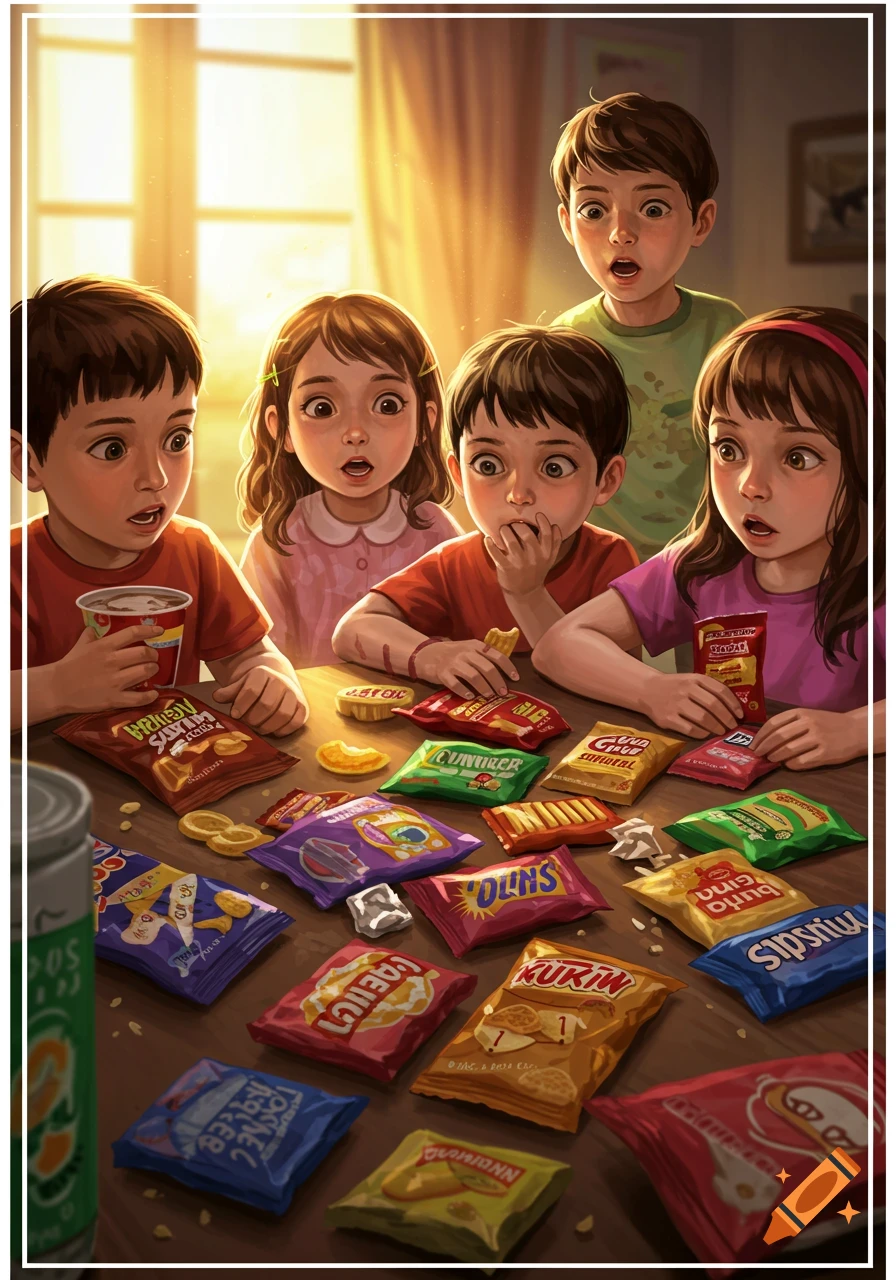 Five wide-eyed children are gathered around a table filled with various colorful snack bags and a drink, bathed in warm sunlight.