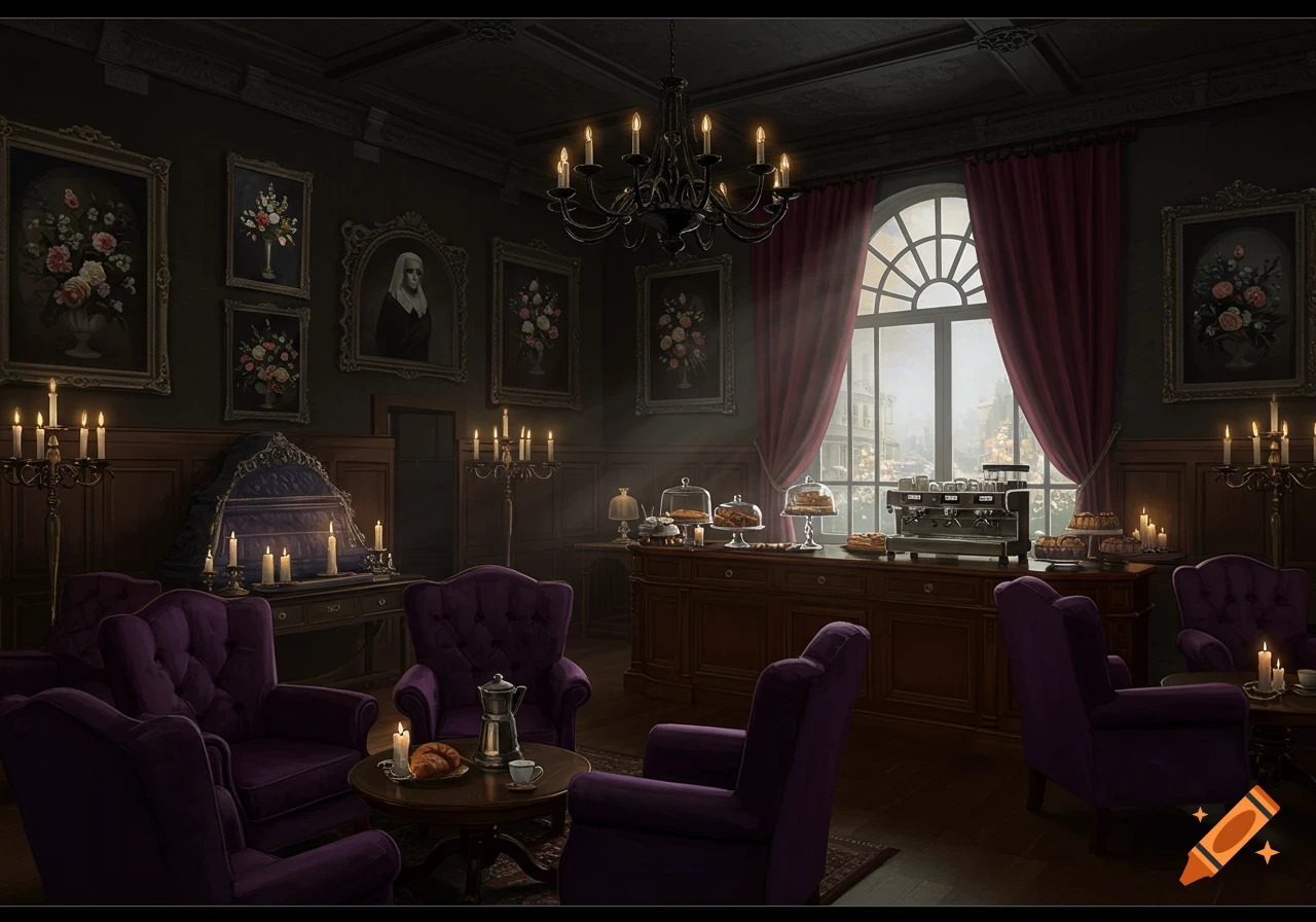 A dark, opulent gothic coffee house interior with purple velvet armchairs, candlelit tables, a coffee bar, and framed paintings.