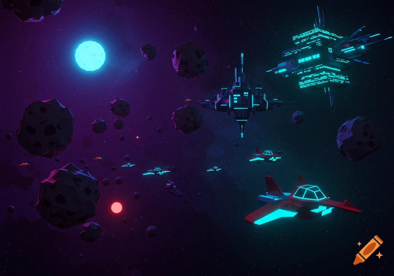 A stylized low-poly space scene with spaceships, asteroids, and glowing space stations under a large blue sun.