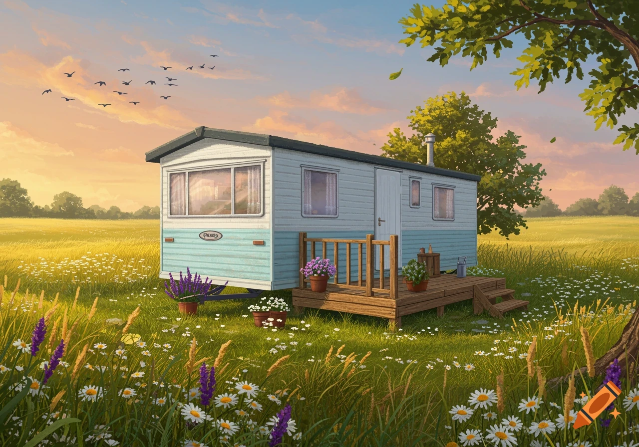A light blue static caravan with a wooden deck sits in a sunny green field with wildflowers at sunset, under a sky with birds.