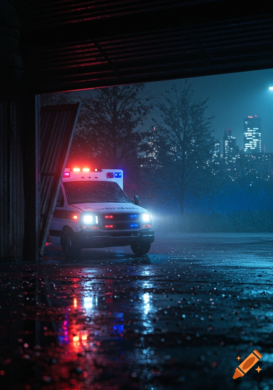 A white ambulance with flashing red and blue lights emerges from a dark garage on a wet night, with city lights in the background.