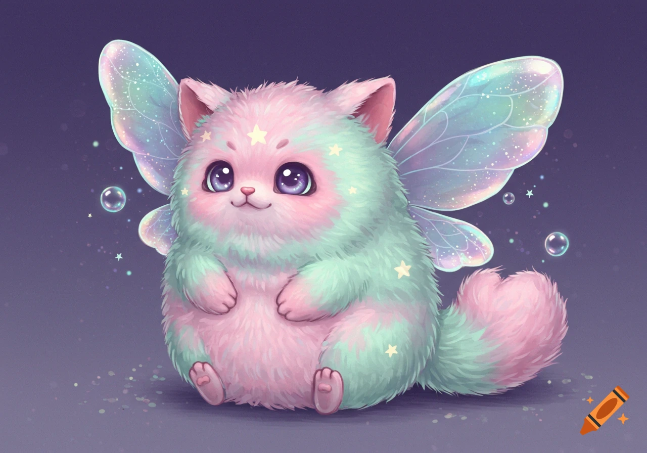 A chubby, fluffy creature with pastel pink and mint green fur, large purple eyes, translucent fairy wings, and stars, on a dark background.