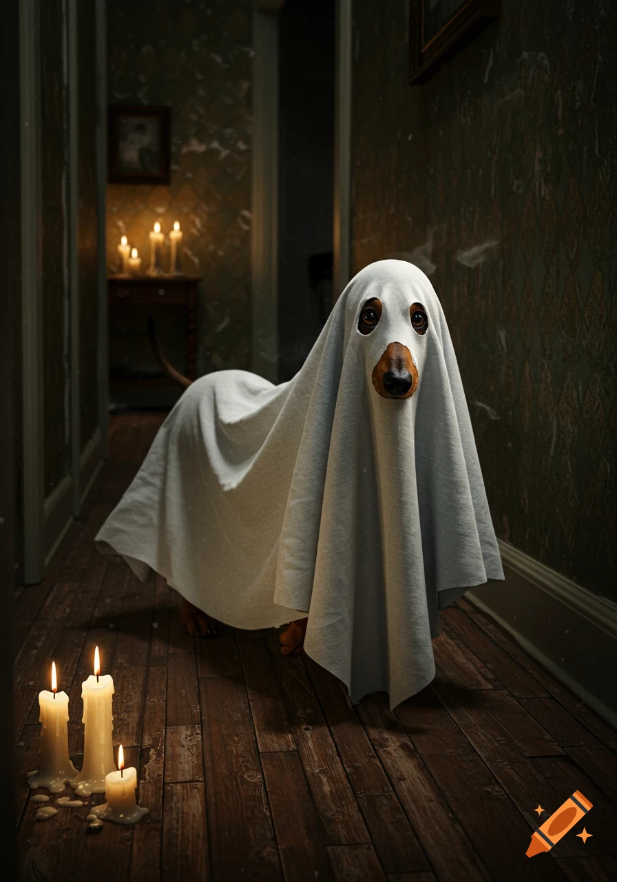 Photorealistic Dachshund in a white sheet ghost costume stands in a dimly lit hallway with melting candles on the floor.