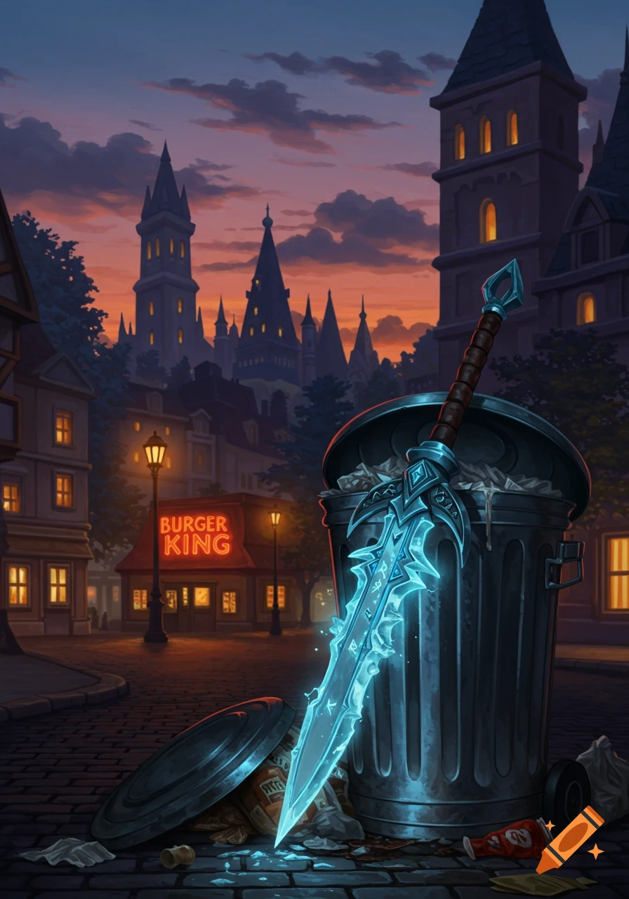 A glowing blue fantasy sword in a trash can on a cobblestone street at dusk, with a Burger King and fantasy city in the background.