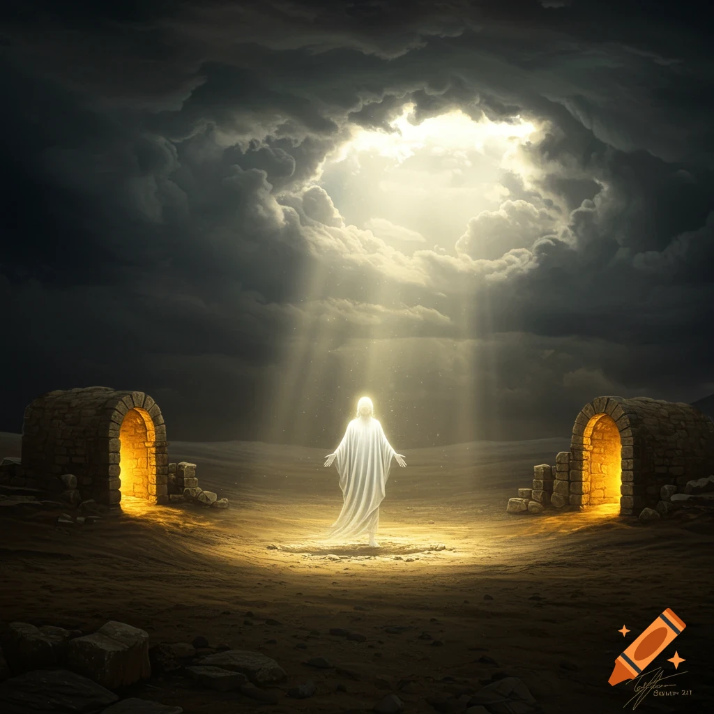 A glowing, robed figure stands in a desolate landscape between two glowing arched structures under a dramatic, stormy sky with a bright light shining down.