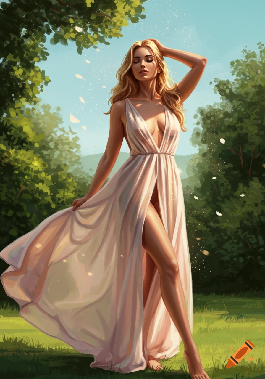 A beautiful woman in a flowing, sheer light pink dress stands elegantly outdoors with eyes closed, bathed in soft sunlight.