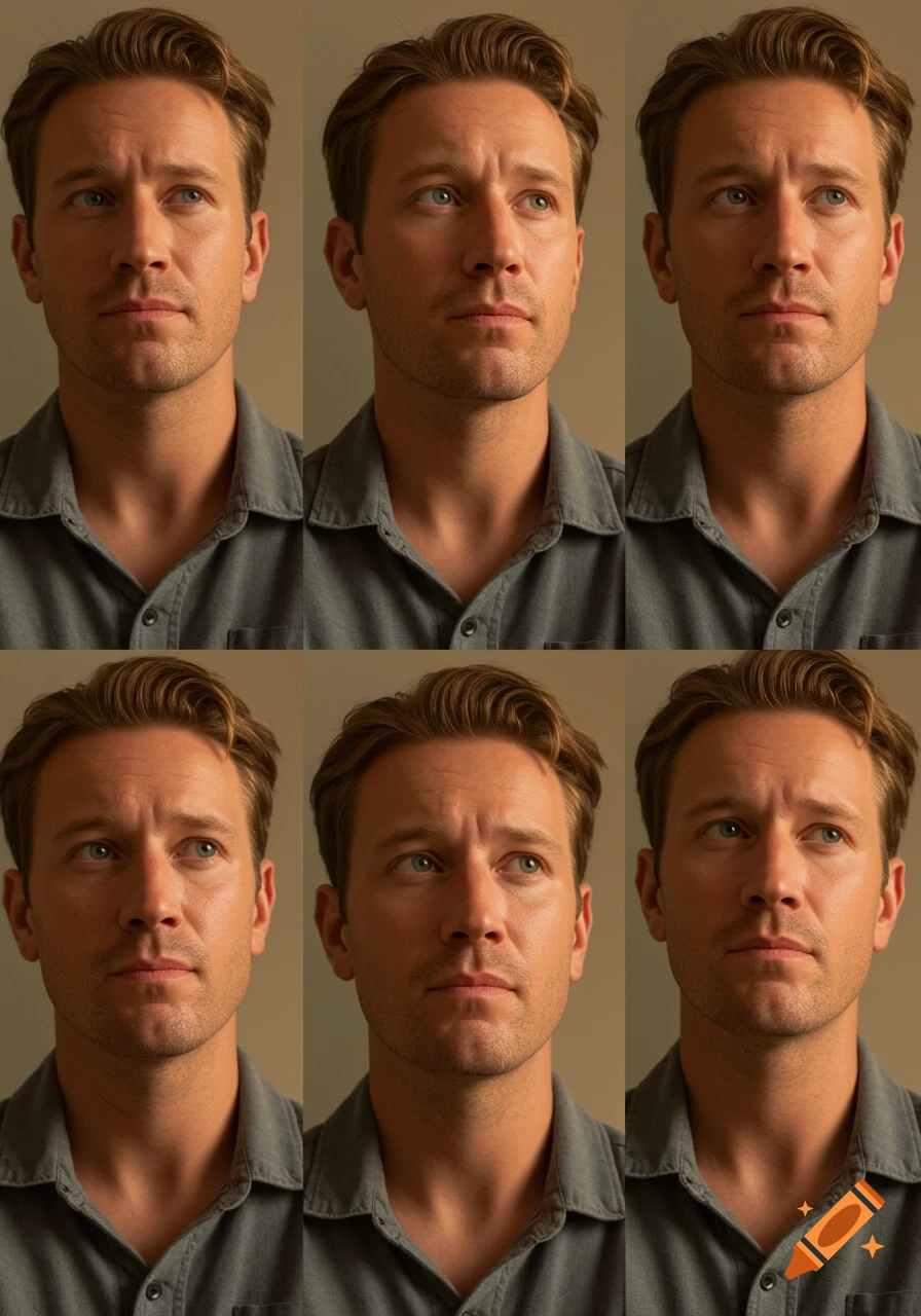 A photo strip featuring six close-up portraits of a fair-skinned man with brown hair and light eyes, wearing a gray shirt, looking in various directions.