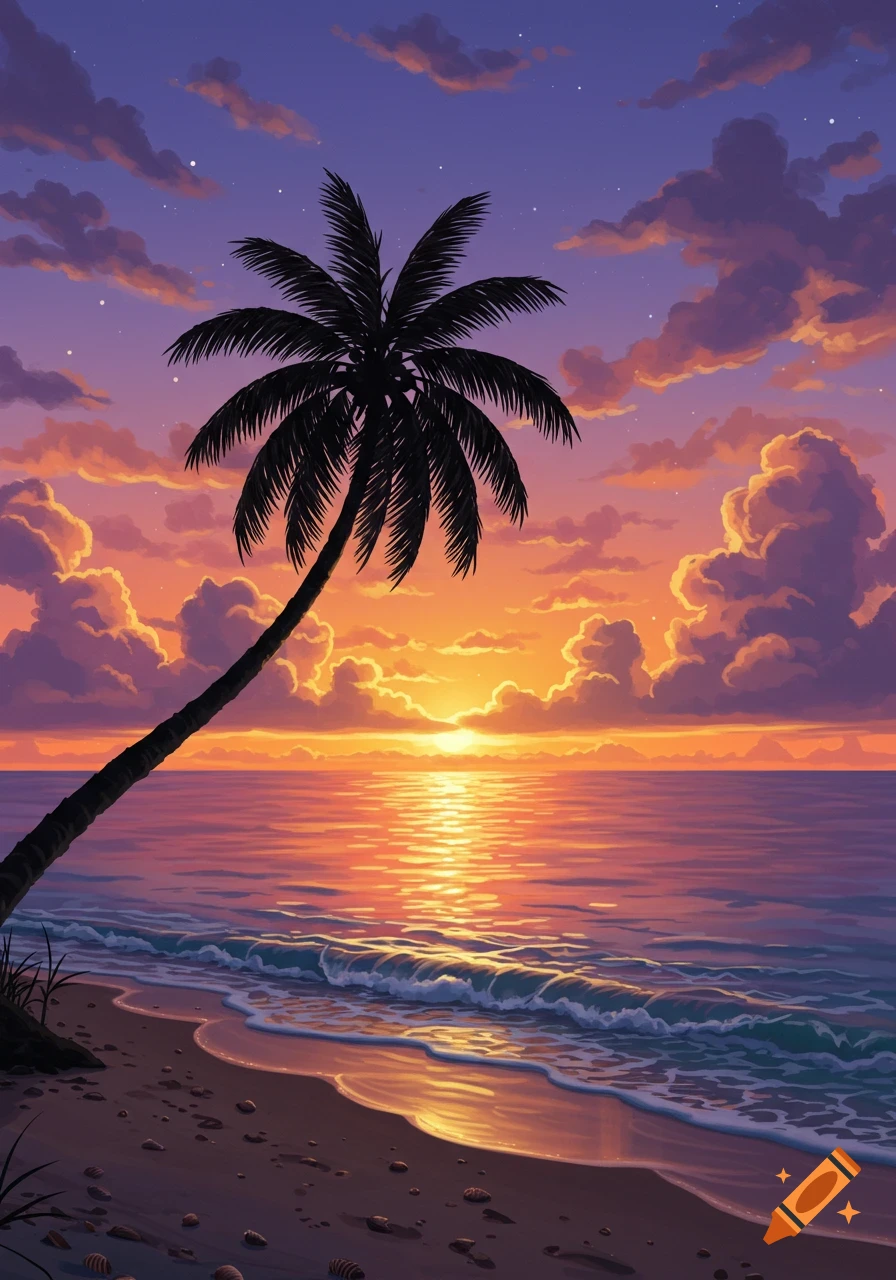 A vibrant cartoon-style sunset over a tropical beach with a silhouetted palm tree leaning over the ocean, reflecting the colorful sky.