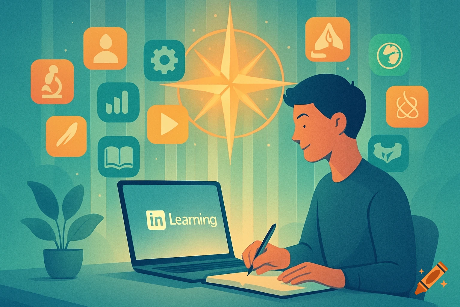 An illustration of a person taking notes on a desk with a laptop displaying 'LinkedIn Learning' and educational icons.