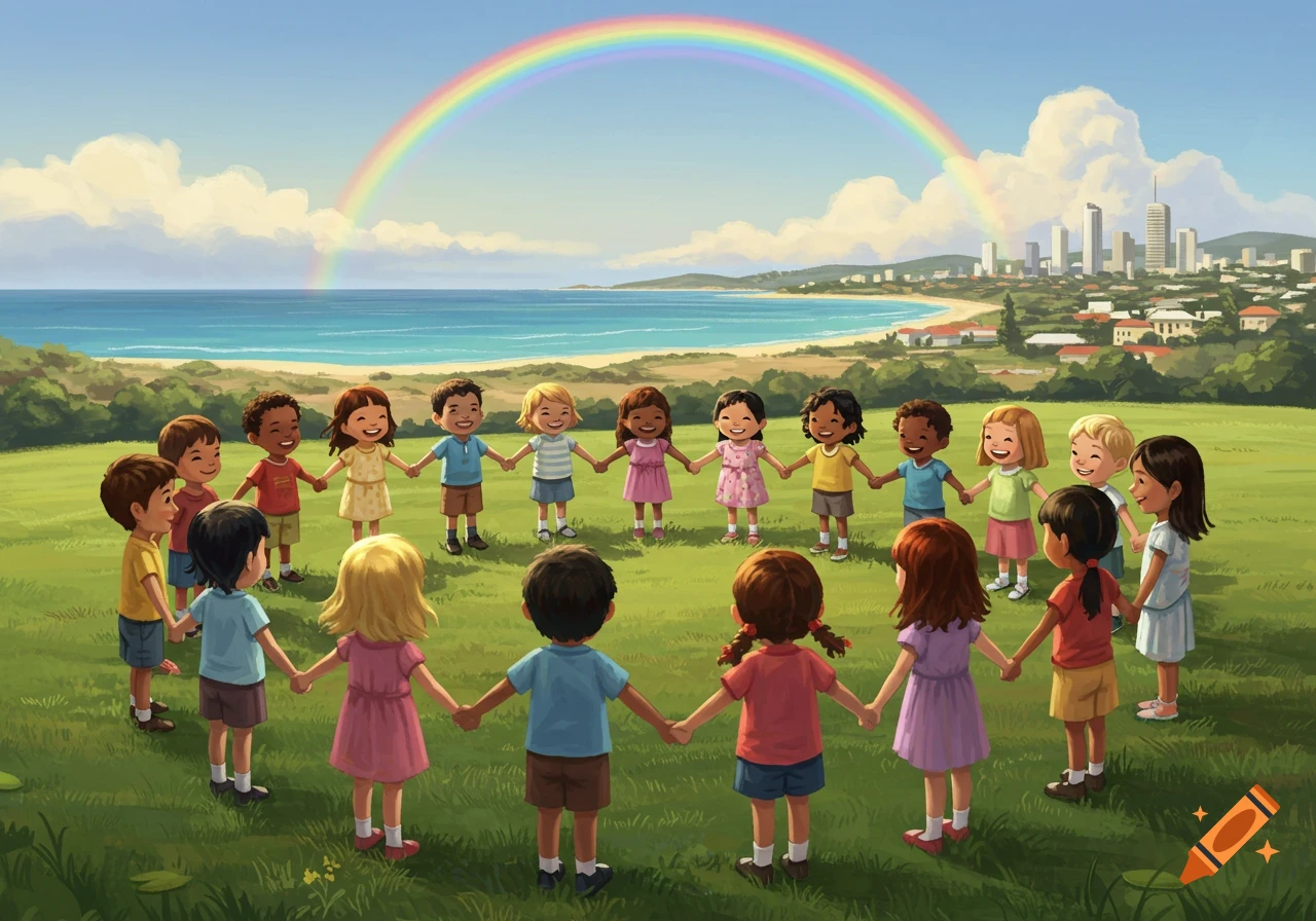 An illustration of diverse, smiling children holding hands in a circle on a grassy hill, with a rainbow above, a beach, sea, and city skyline in the background.