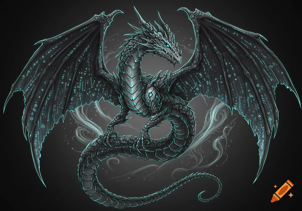 A dark, stylized dragon with glowing teal eyes and accents, featuring glowing cybersigilism runes on its wings.