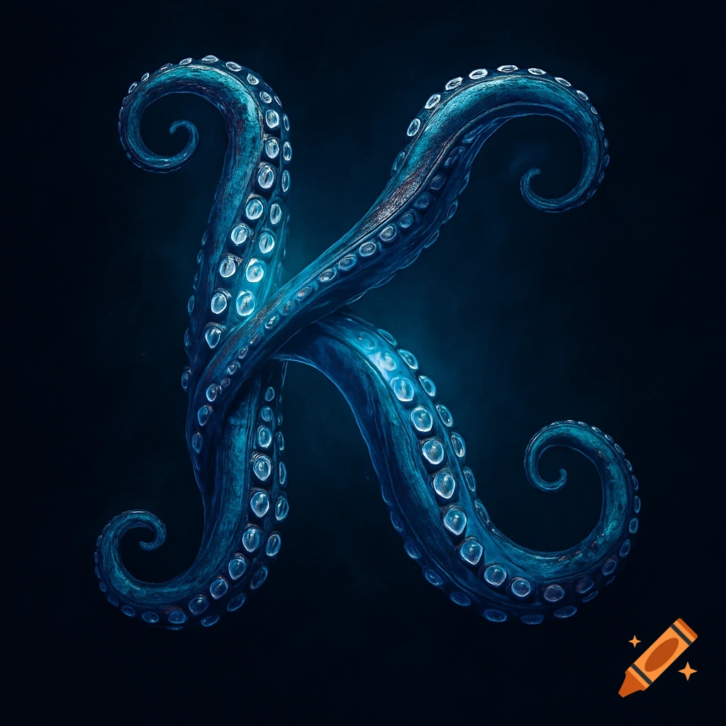 Letter K formed by blue octopus tentacles with glowing suckers against a dark background.