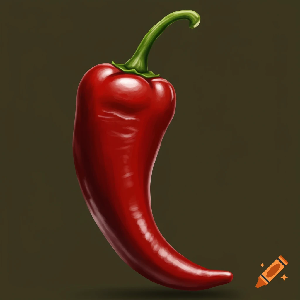 An illustrated red chili pepper with a green stem standing upright against a dark background.