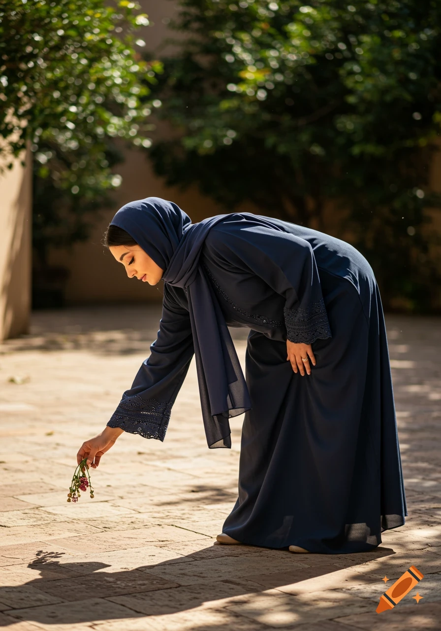 A woman in a dark blue abaya and hijab bends to pick small pink flowers from a sunlit stone path.