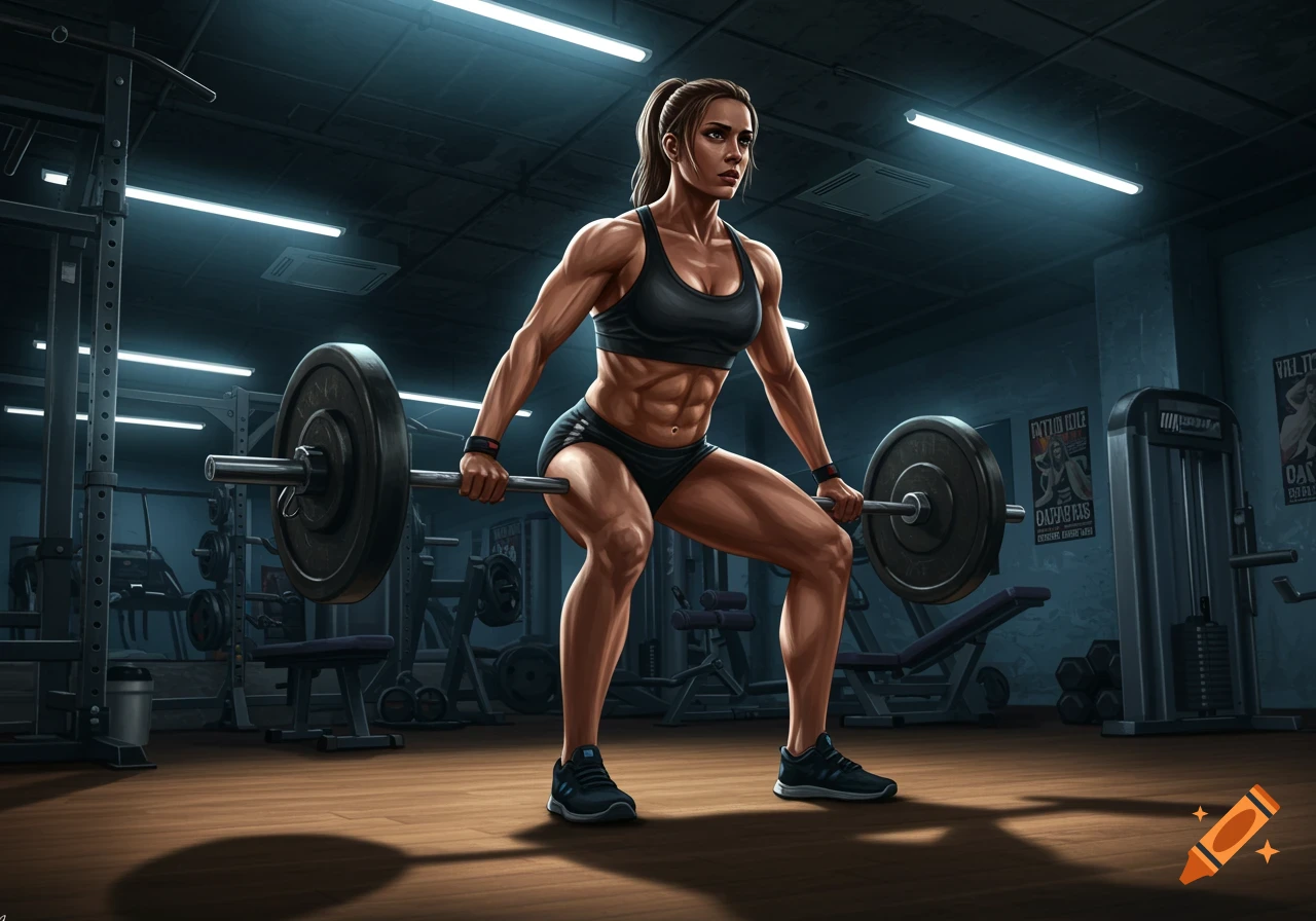 Muscular woman in a sports bra and shorts lifting a barbell in a gym.