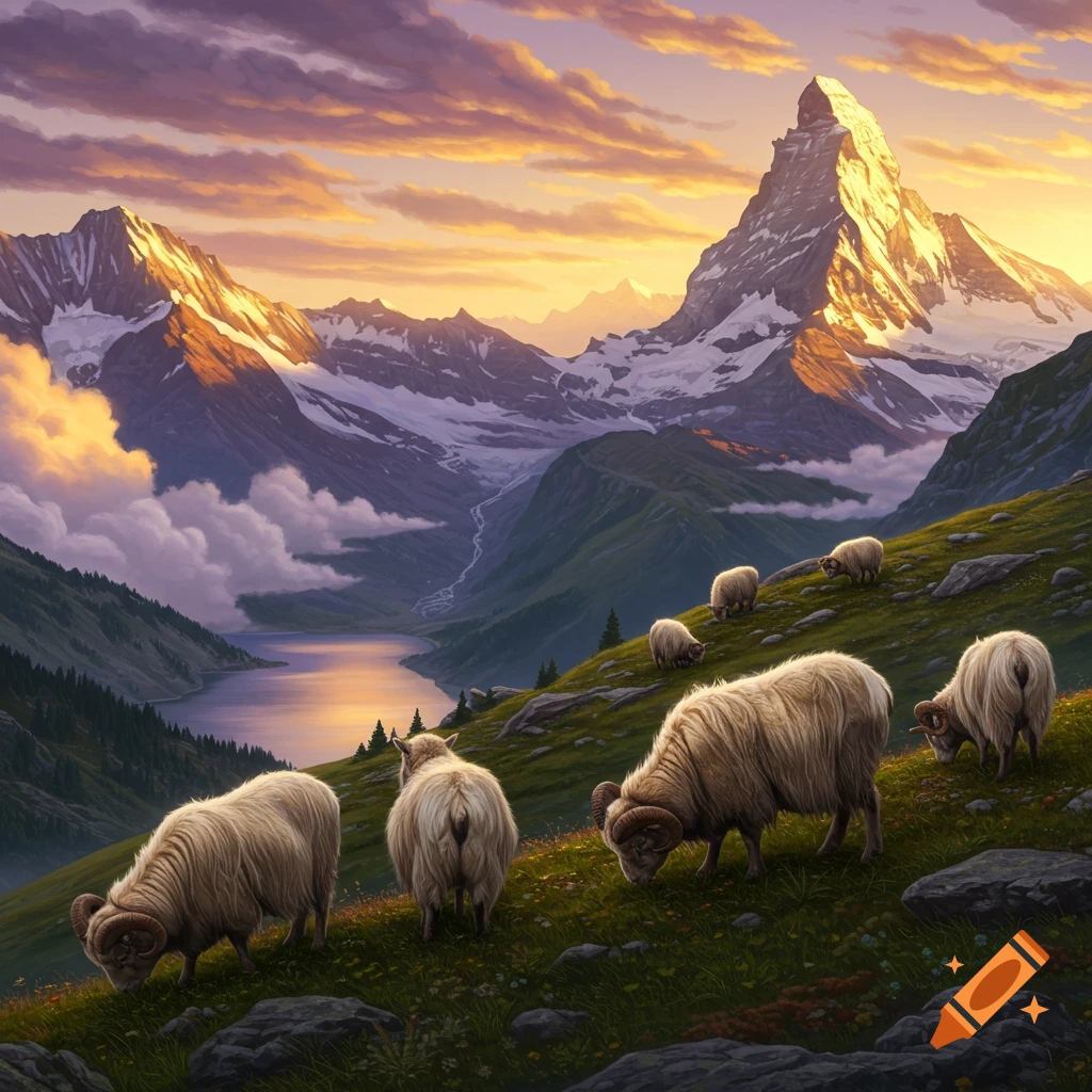 A vibrant sunset casts light on snowy mountains overlooking a reflective lake, with several sheep grazing on a green hillside.