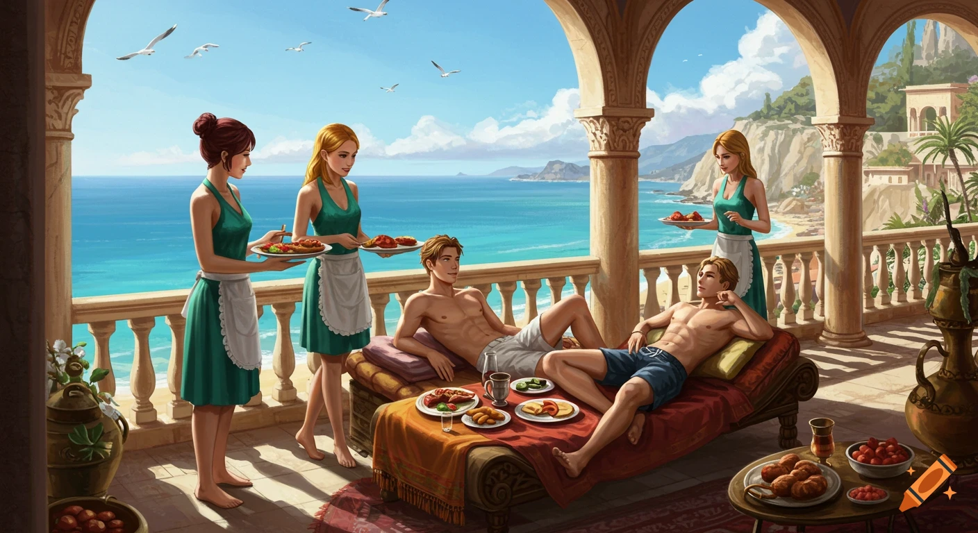 Illustrative image of young women serving food to men relaxing on a palace balcony overlooking the ocean.