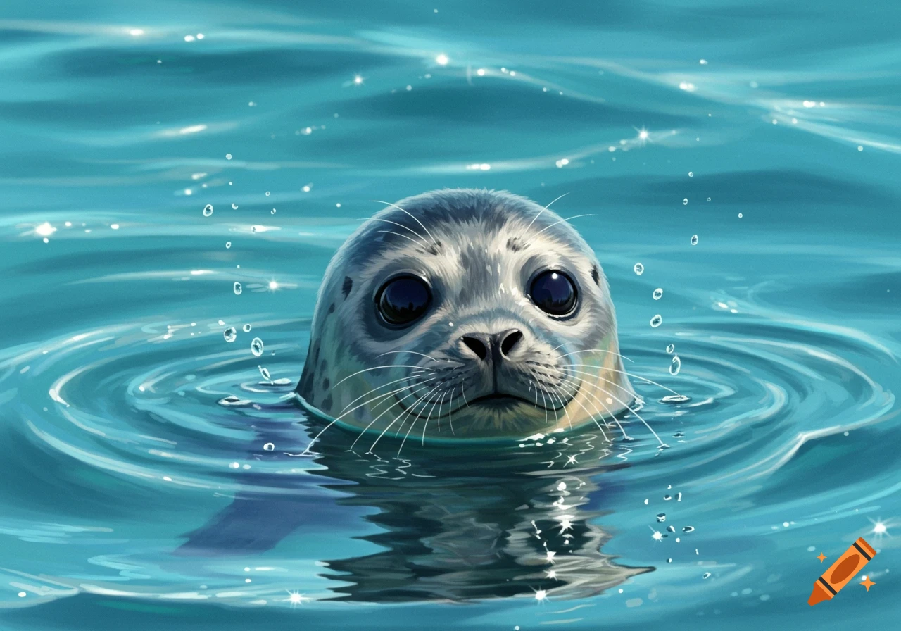 A cute baby seal with large dark eyes peeks its head out of sparkling blue water, creating ripples.