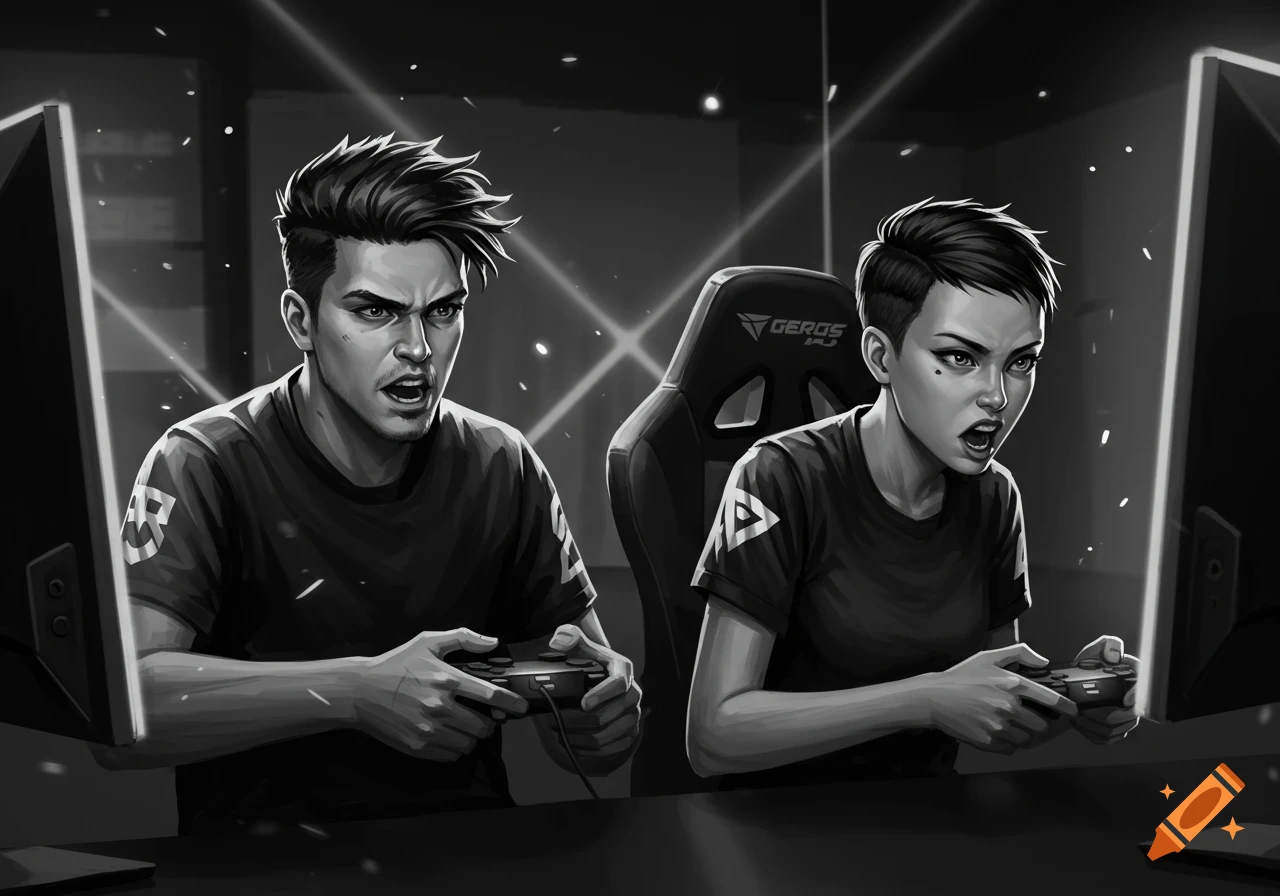 Black and white illustration of a man and a woman intensely playing video games with controllers, sitting in gaming chairs.