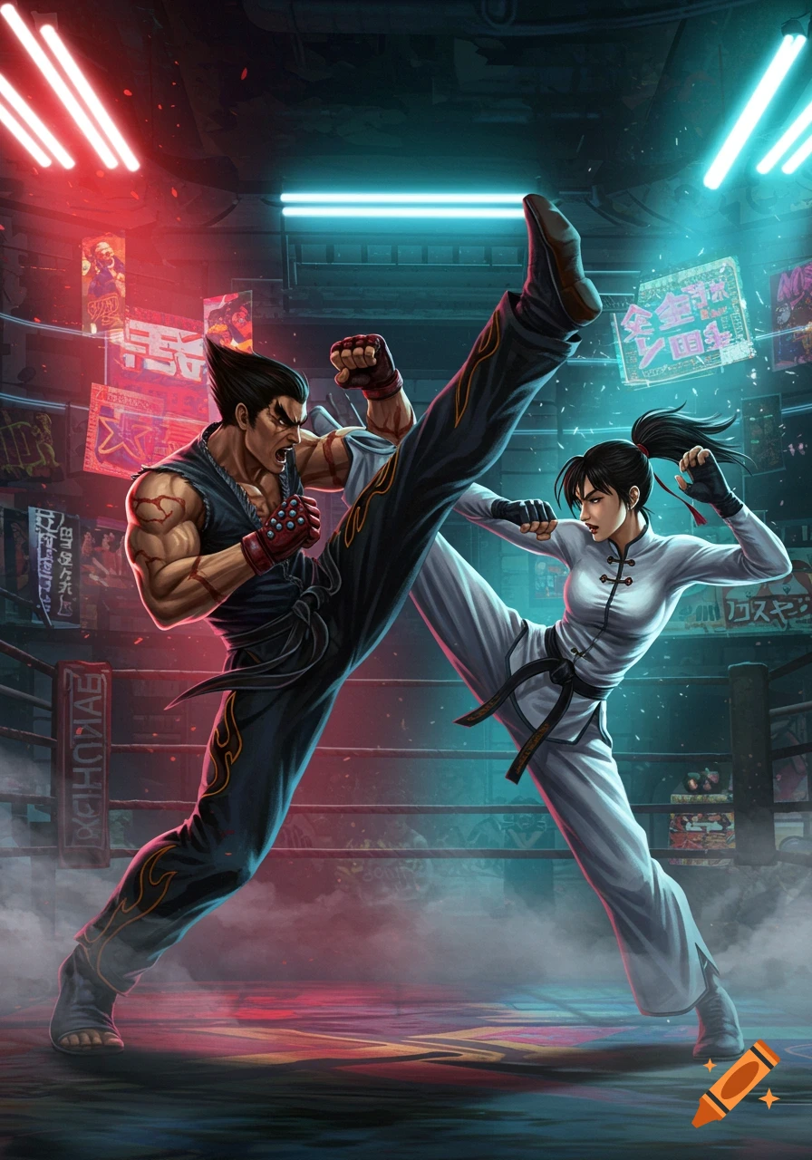 Two stylized martial artists, a man and a woman, mid-kick in a neon-lit boxing ring. The man has spiky hair, the woman a ponytail.