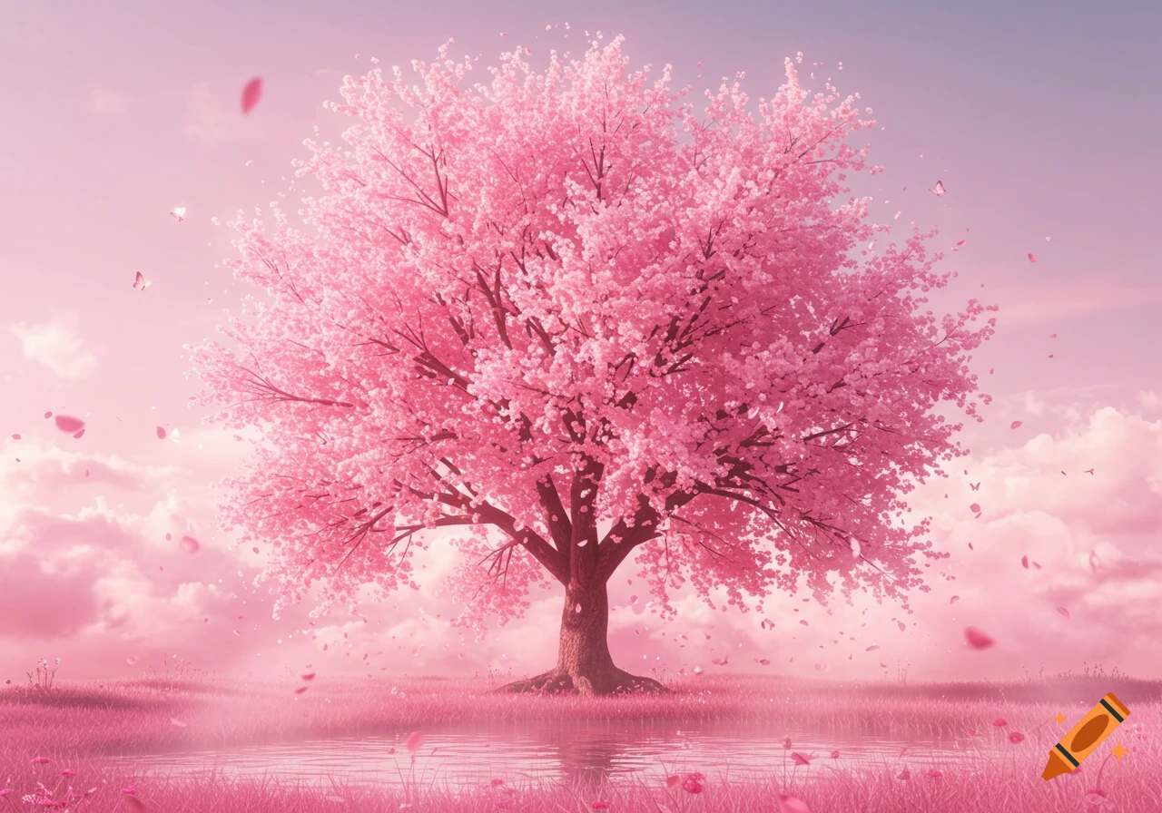 Vibrant pink cherry blossom tree stands by a calm pond in a field of pink grass under a pastel sky with falling petals.