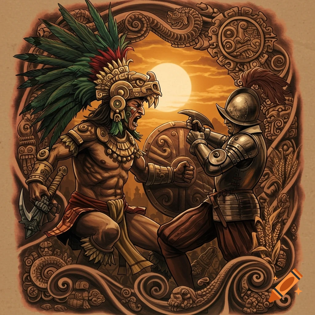 Stylized illustration of a Mexica warrior in feathered headdress battling a Spanish conquistador, framed by ornate borders.