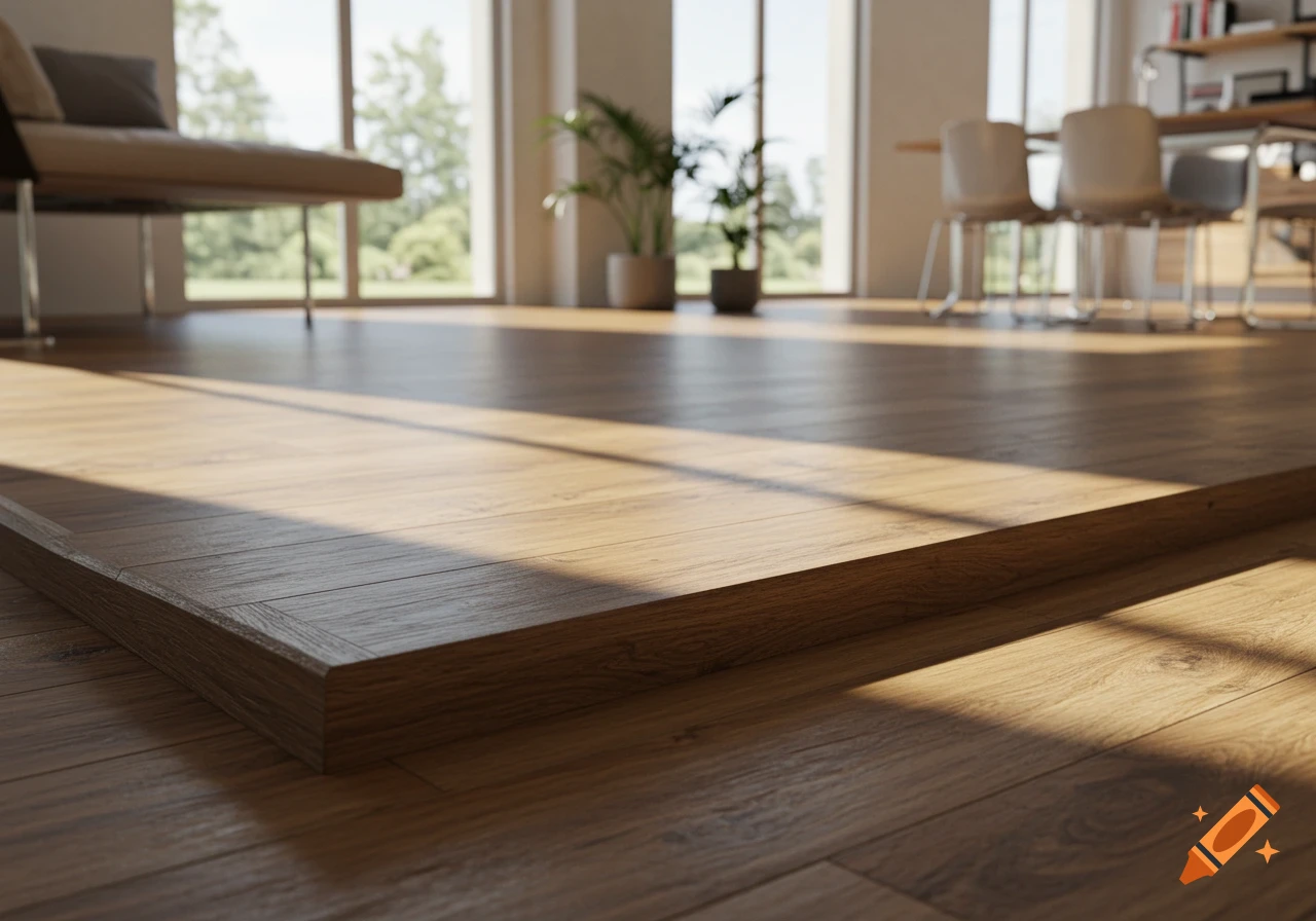 Close-up of a light wood floor with a raised edge, sunlight streaming into a modern interior.