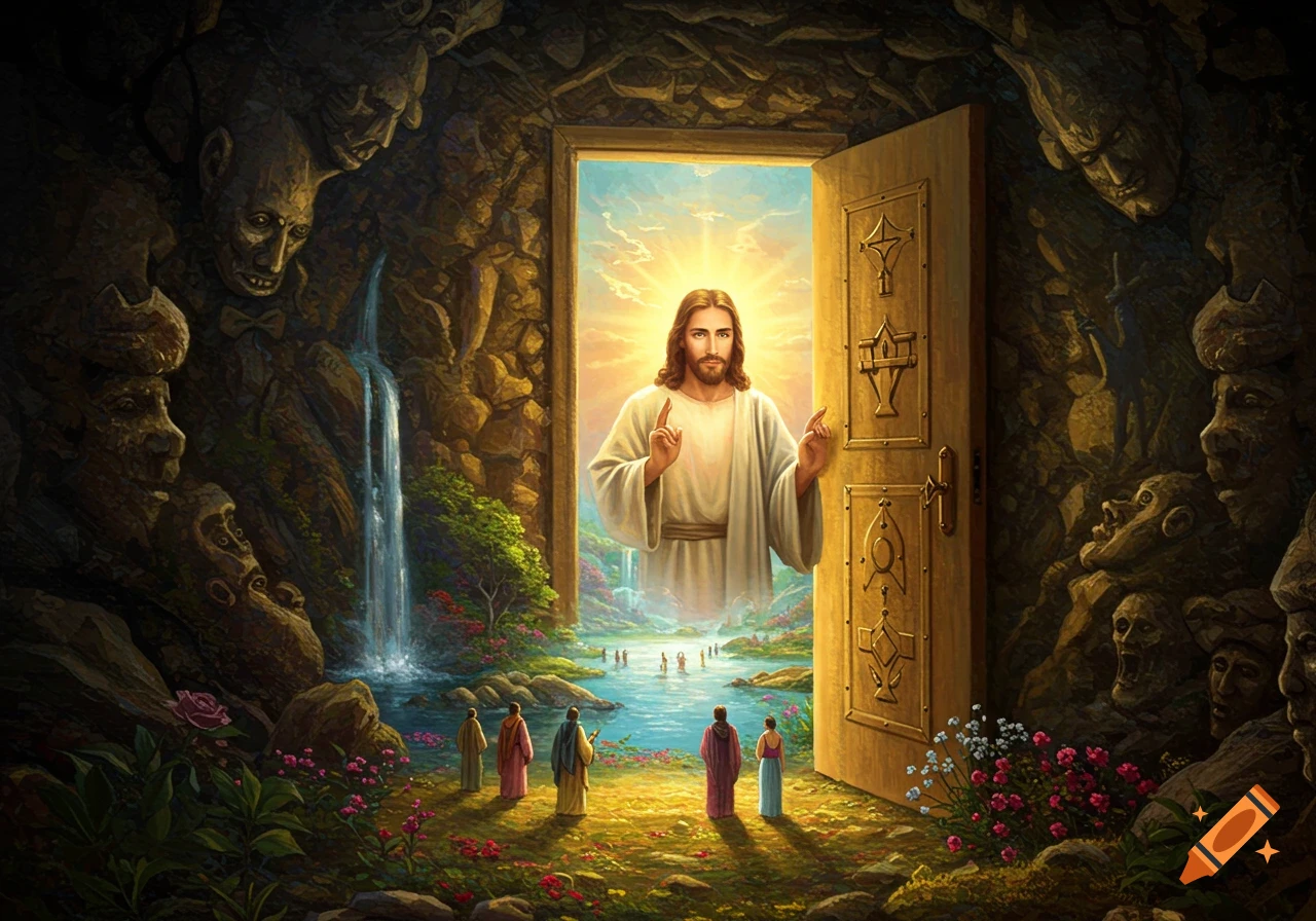 Jesus stands in an open doorway, radiating light, inviting people from a dark cave into a bright paradise with lakes and waterfalls.