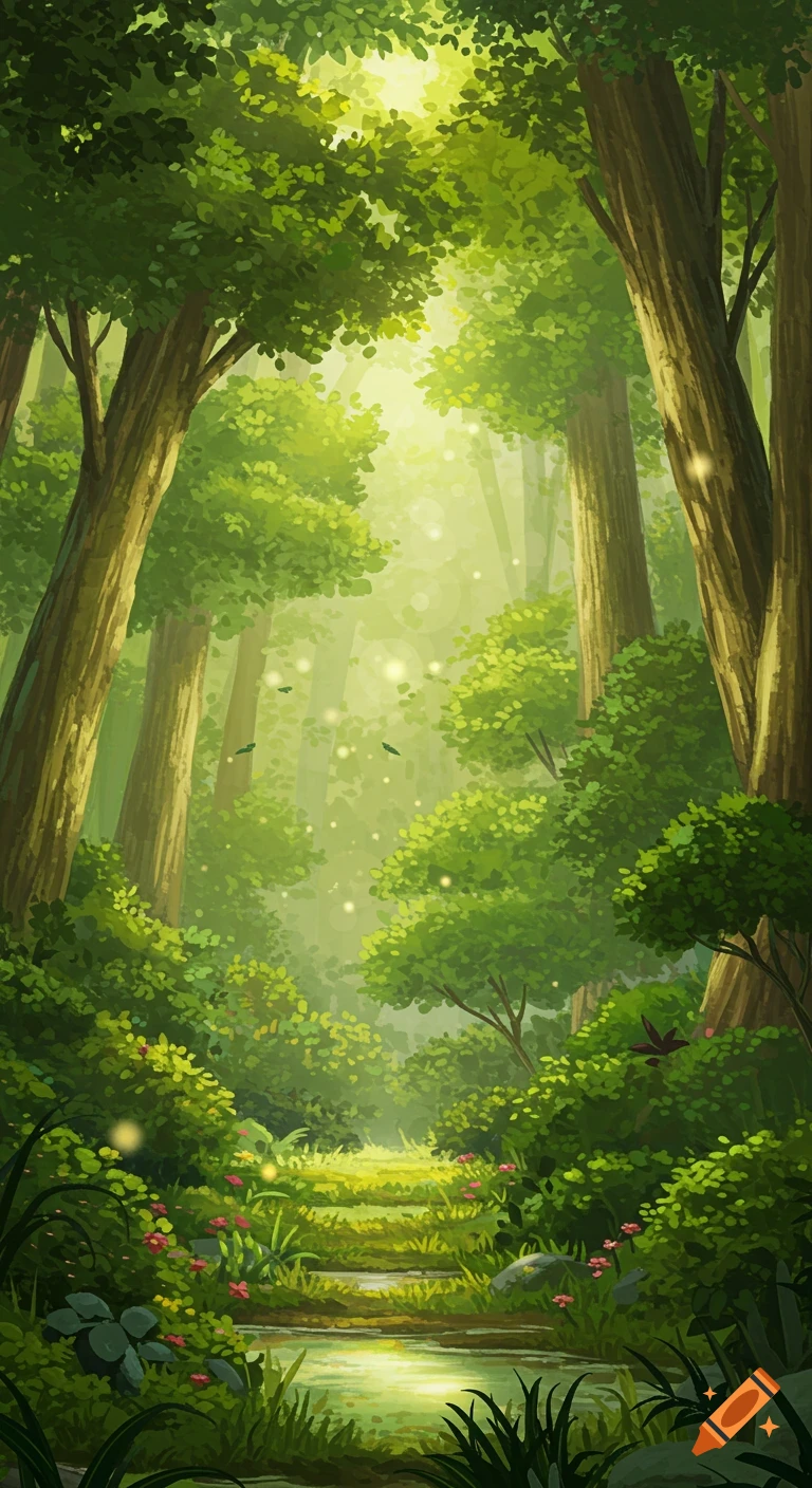 A vibrant Ghibli-inspired forest scene with a sun-dappled path leading through lush green trees and foliage.
