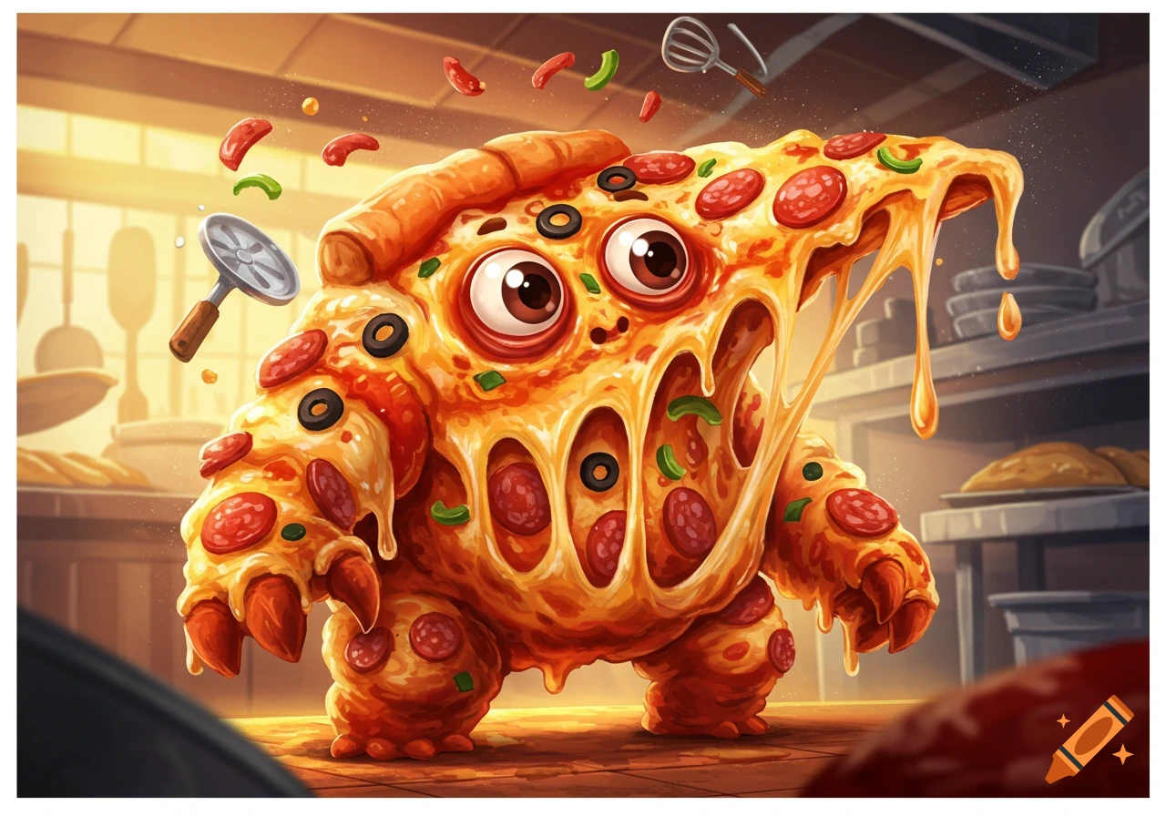 A whimsical, cartoonish pizza monster with big eyes, pepperoni, and melting cheese stands in a kitchen with floating utensils.