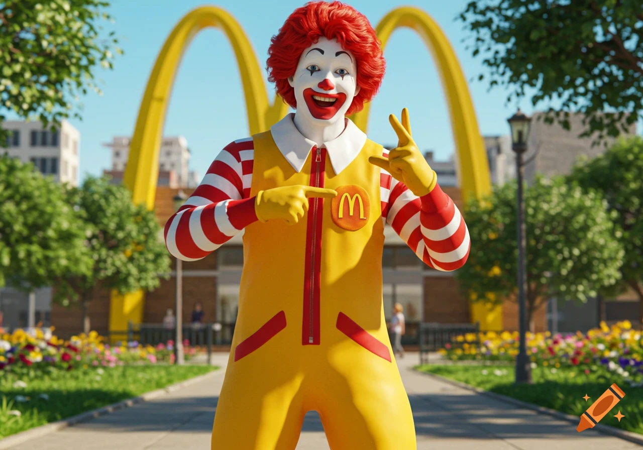 Ronald McDonald in a yellow jumpsuit pointing at his chest, standing in a park with golden arches behind him.