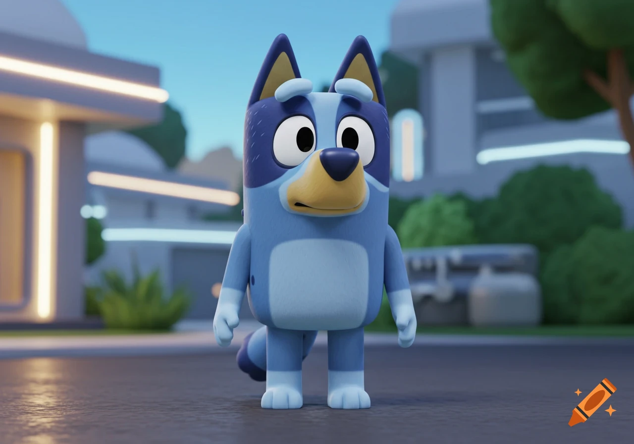 A 3D CGI rendering of Bluey, a blue dog cartoon character, stands in a futuristic city background.