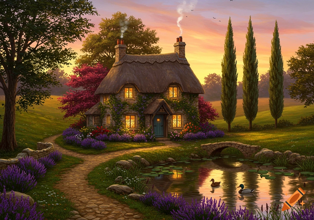 A charming thatched-roof cottage with glowing windows surrounded by purple and red flowers, a stone path, a pond with ducks, and tall green trees at sunset. Painterly style.