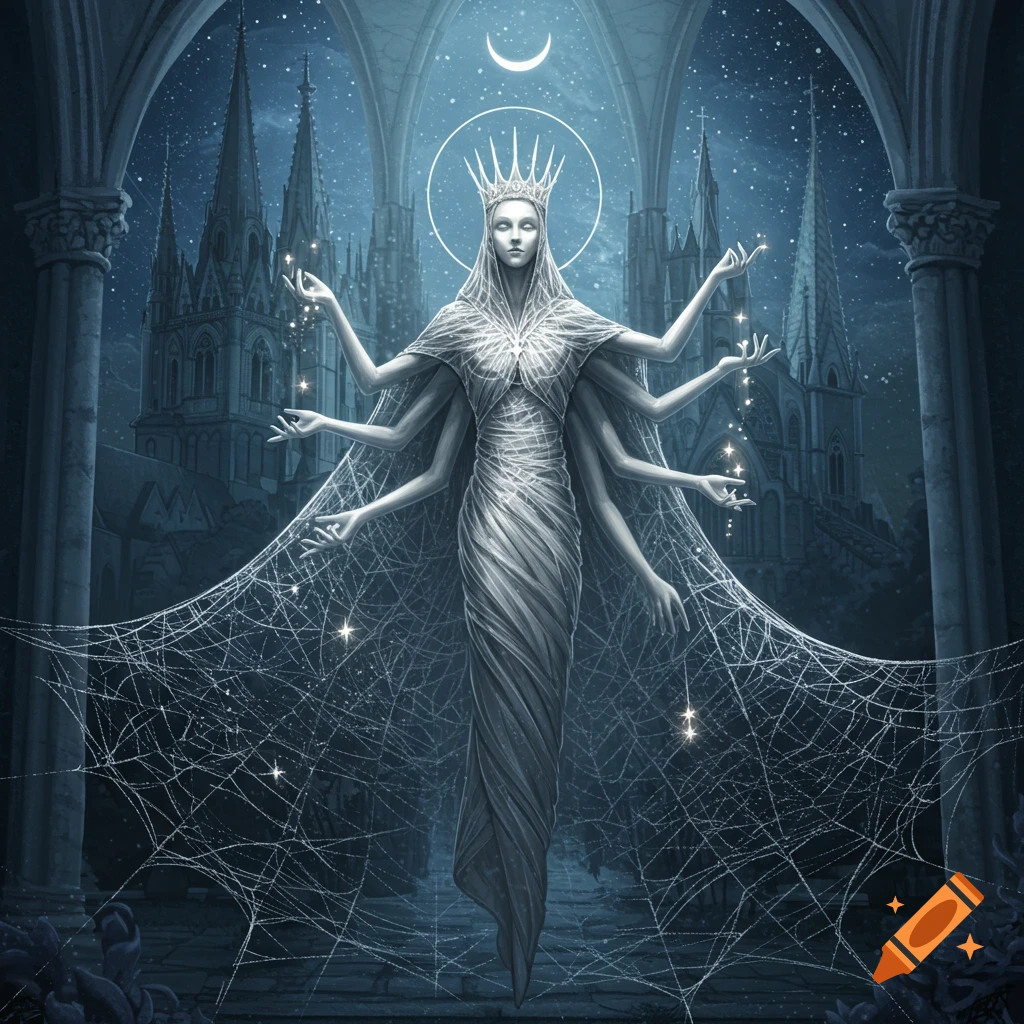 A pale, crowned multi-armed figure in a flowing gown stands amidst luminous spiderwebs and gothic architecture under a crescent moon. Dark fantasy art.