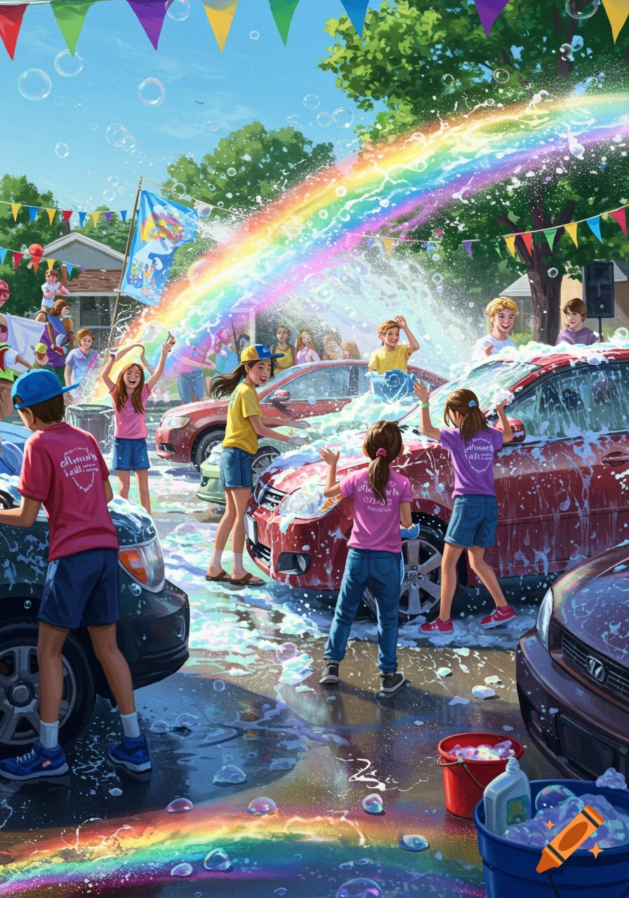 Vibrant illustration of children and adults washing cars at a car wash fundraiser, with bubbles, water sprays, and a rainbow.