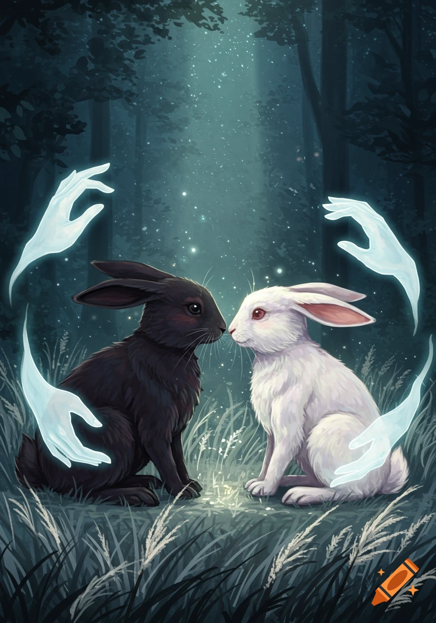 A black bunny and a white bunny touch noses in a dark, glowing forest, surrounded by four ethereal hands.