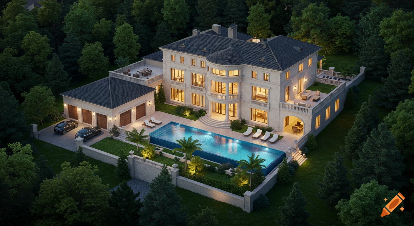 An aerial, photorealistic view of a large, luxurious mansion at dusk, featuring a swimming pool, multiple balconies, a garage, and surrounded by lush green trees.