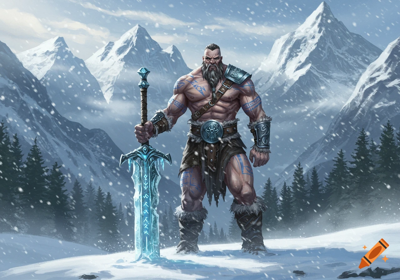 A muscular male barbarian with blue tattoos and a beard, holding a glowing ice sword in a snowy mountain landscape.