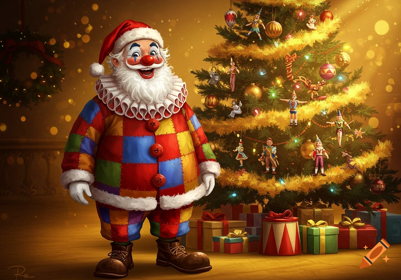 Illustration of Santa Claus as a clown in a colorful patchwork suit, standing next to a decorated Christmas tree with gifts.