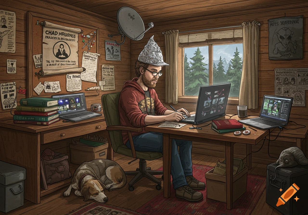 An illustrative image of a bearded man in a tinfoil hat working on a laptop in a rustic, wood-paneled cabin filled with conspiracy posters. A dog sleeps on the floor.