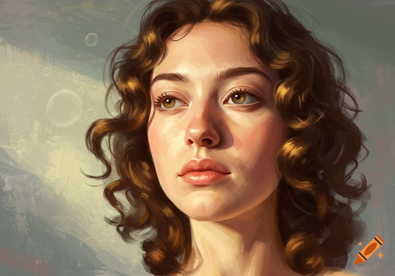 A digital painting of a woman with curly brown hair, looking up, with warm light on her face and bubbles in the background.