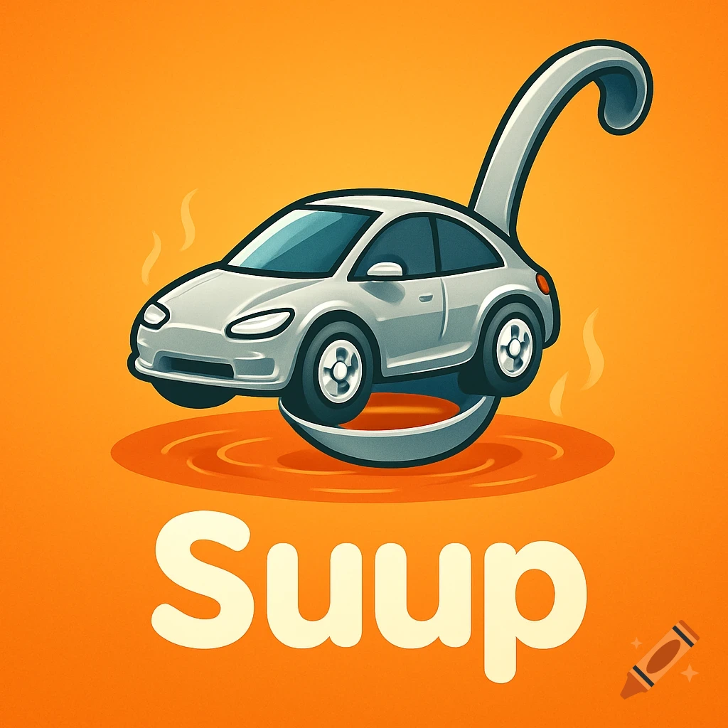 A stylized logo featuring a silver car in a ladle of orange liquid, with the word "Suup" below on an orange background.