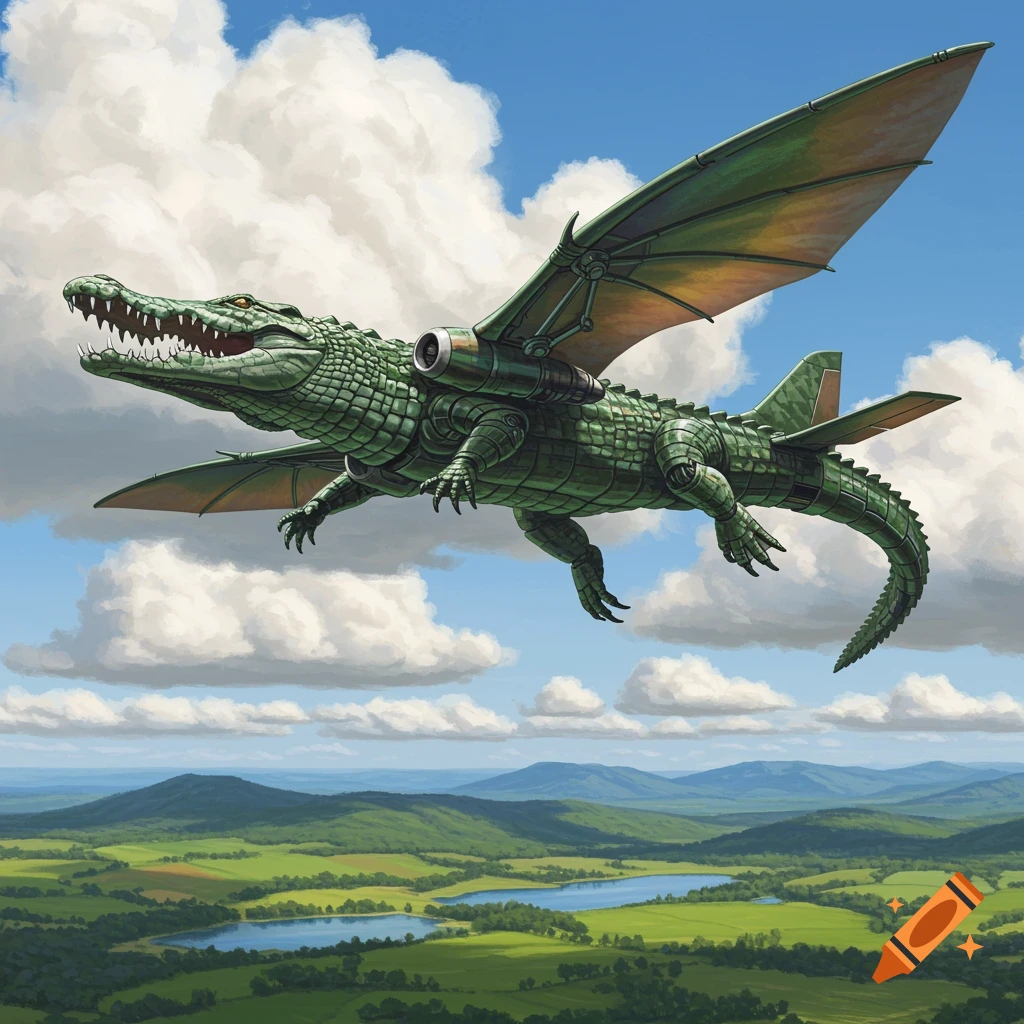A giant green crocodile with mechanical wings and a jet engine flies through a cloudy blue sky over a green landscape.