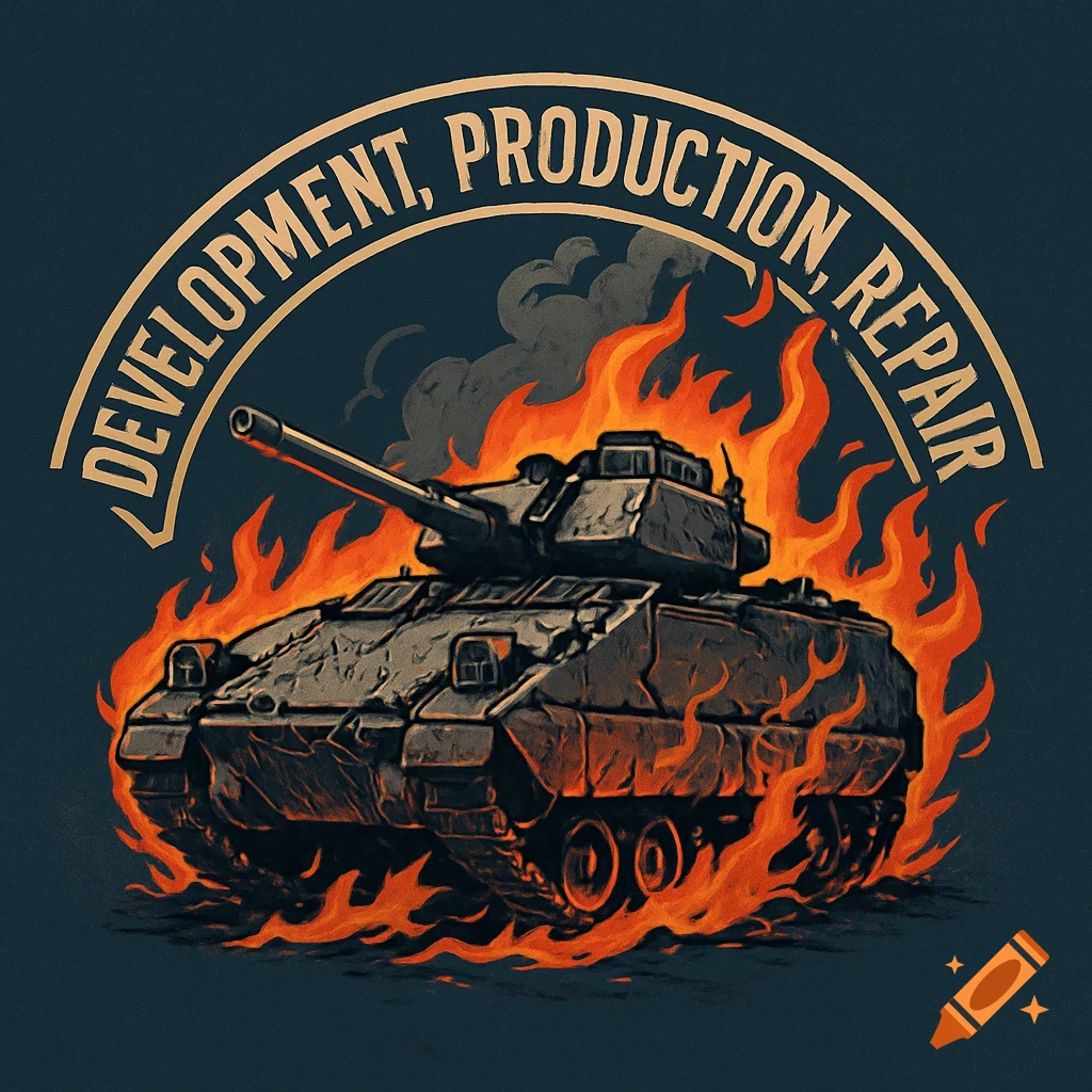 Stylized logo of a burning, damaged Bradley tank with an arched banner reading 'DEVELOPMENT, PRODUCTION, REPAIR'.