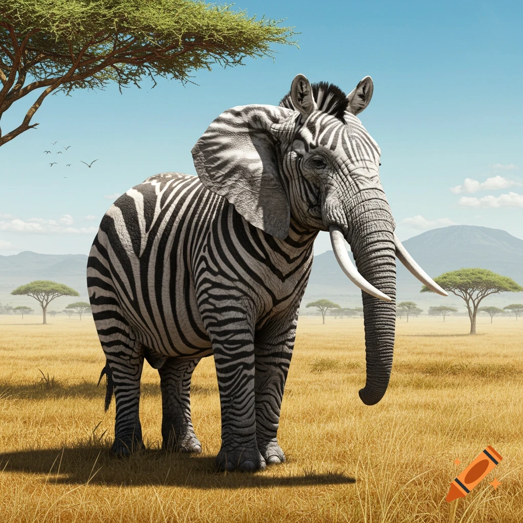A photorealistic elephant with zebra stripes stands in a savanna under a blue sky with acacia trees.