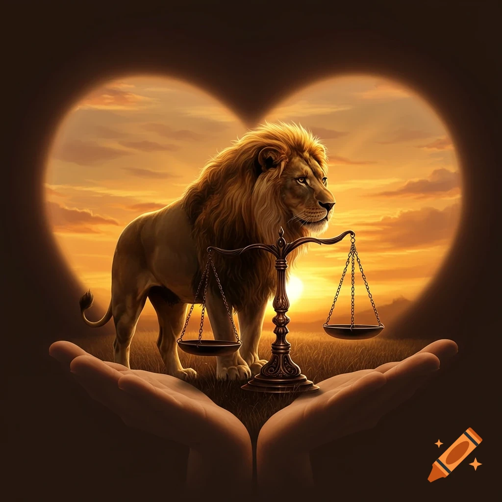 A majestic lion stands next to a balanced scale, held by open hands, set against a heart-shaped sunset sky.