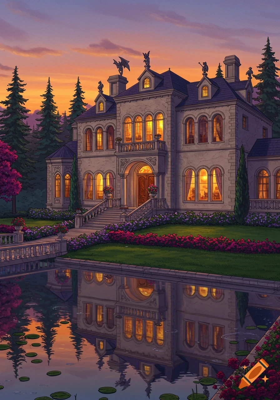 An elegant mansion with glowing windows reflected in a pond at sunset, surrounded by lush gardens and tall trees.